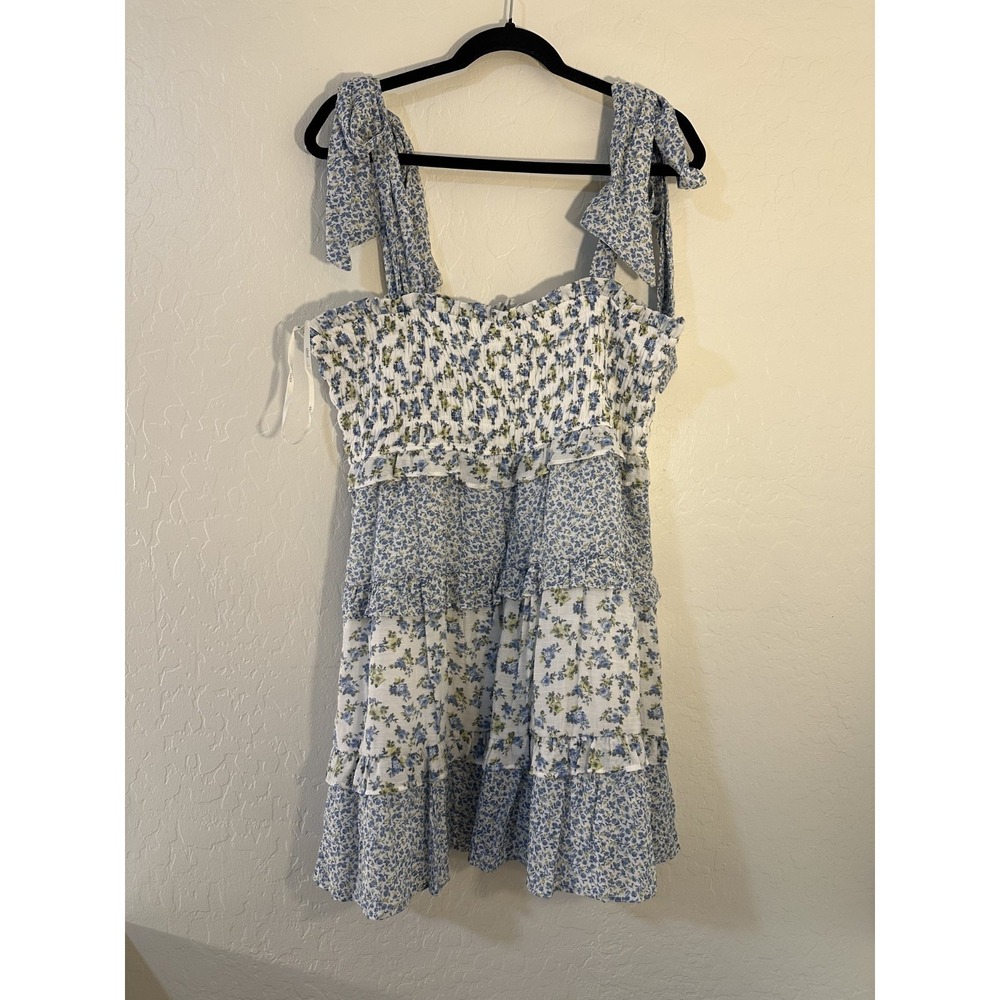 Arula Woman Floral Tiered Coquette Mini Dress Size L Tie Strap Cotttagecore Boho - Picture 9 of 14